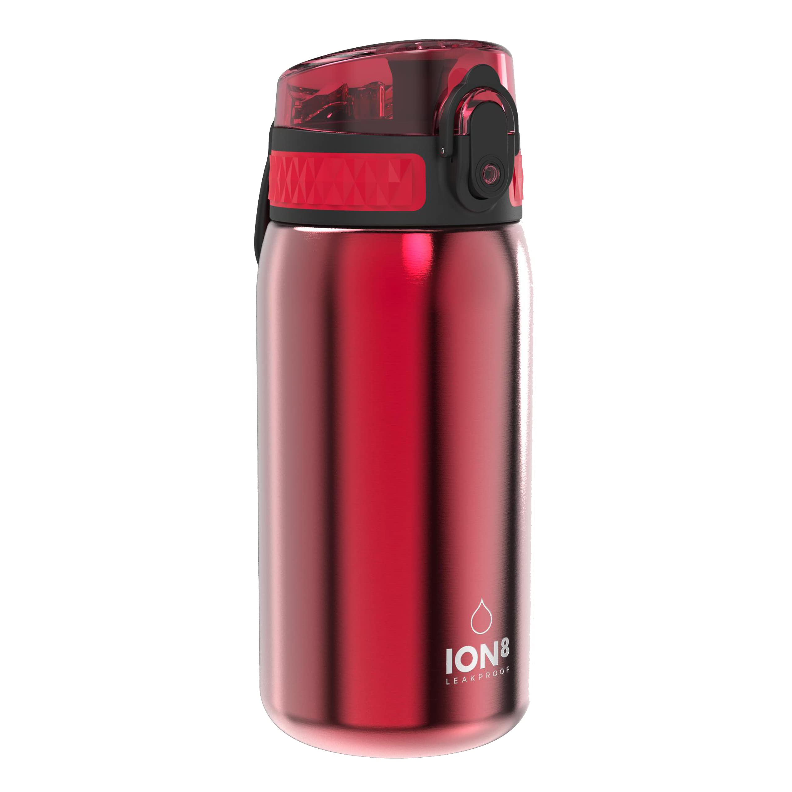 ION8 Butelka na Wodę dla Dzieci ze Lekki Stali, 400 ml/13 oz, Nieocieplany, Szczelna, Łatwa do Otwarcia, Bezpieczny Zamek, Można Myć w Zmywarce, Składany Uchwyt, Łatwa w Czyszczeniu, Czerwony