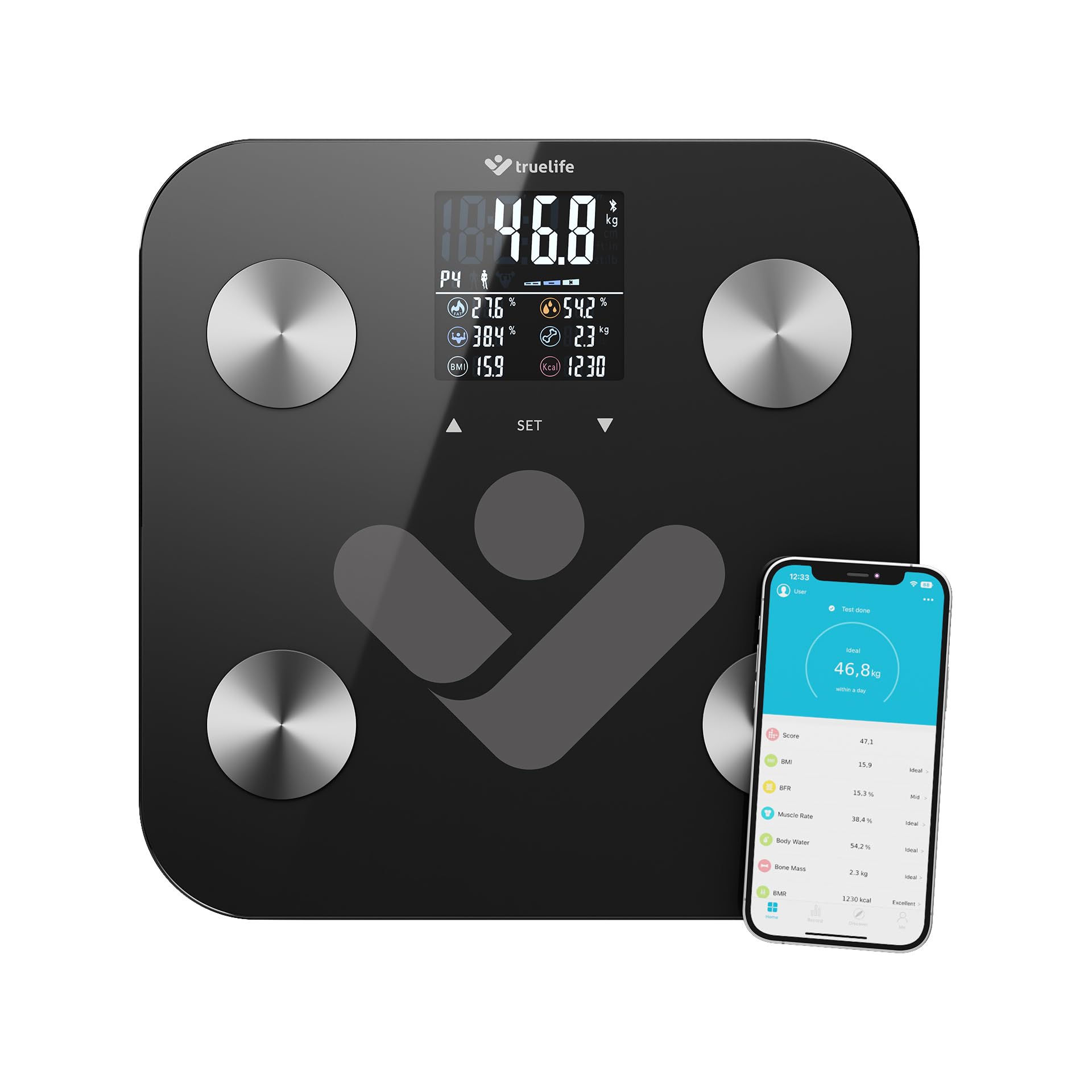 TrueLife FitScale W6 BT Bilancia diagnostica personale Bluetooth, misurazione con analisi dell'impedenza bioelettrica, 19 indici del corpo misurabili, display LCD colorato, fino a 8 utenti, app mobile