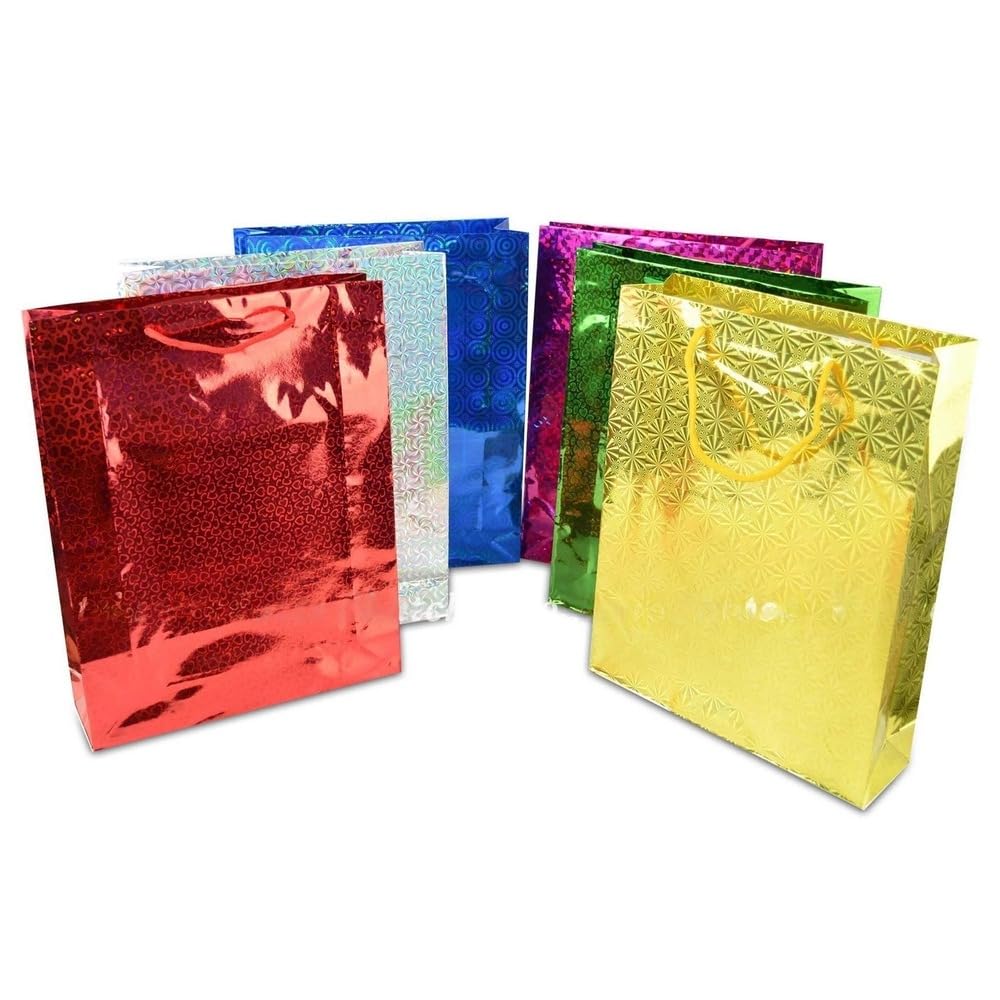 Assorted Colours Holographic Gift Bags Small Size Christmas Birthday Wedding Favour Present Bags All Occasions, 50Pcs