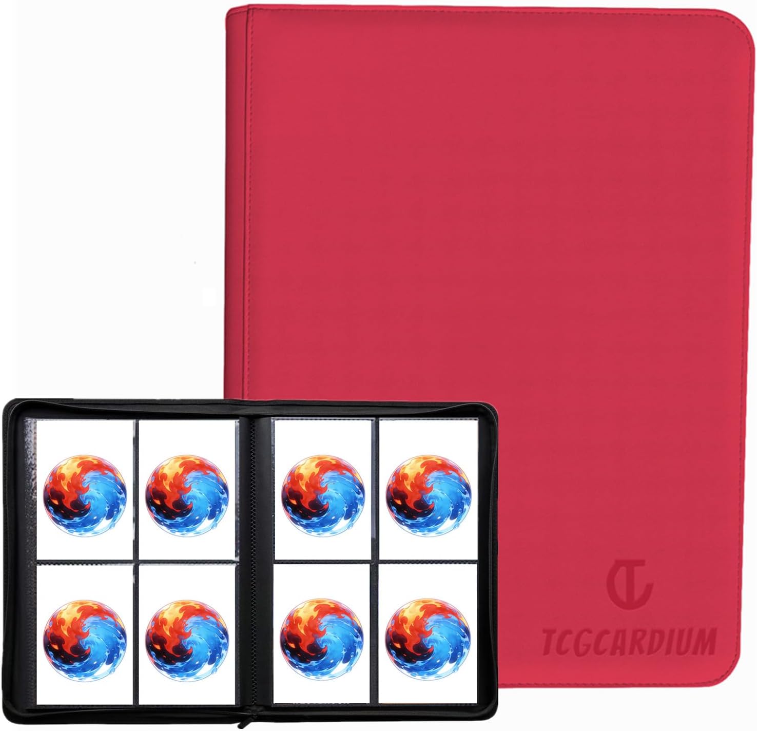 Trading Card Binder with Zipper, 240 Cards 4-Pocket Ringless Album, Premium PU Leather Side Loading Card Binder for MTG, YuGi, Sports Cards, TCG Game Card Collection (Red, 4 Pockets)