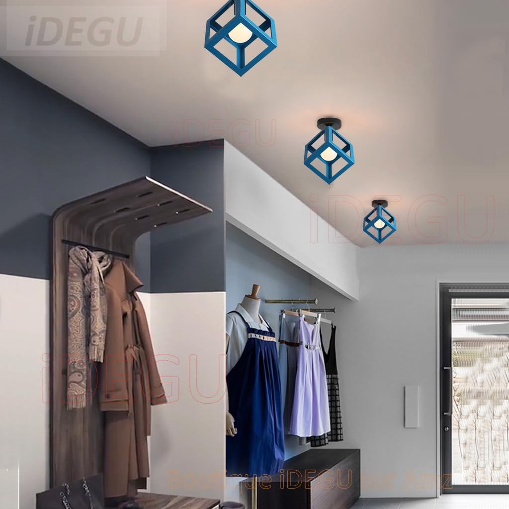iDEGU Plafonnier Luminaire Moderne Lustre Forme Cage Lampe de Plafon Vintage Abat-jour de Style Géométrique en Métal E27 Éclairage pour Chambre Salon Restaurant, Forme de Cube,16CM, Bleu