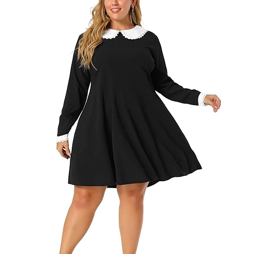 Agnes Orinda Plus Size Dresses for Women Long Sleeve Doll Collars Peter Pan Collar A-line Flare Midi Dress