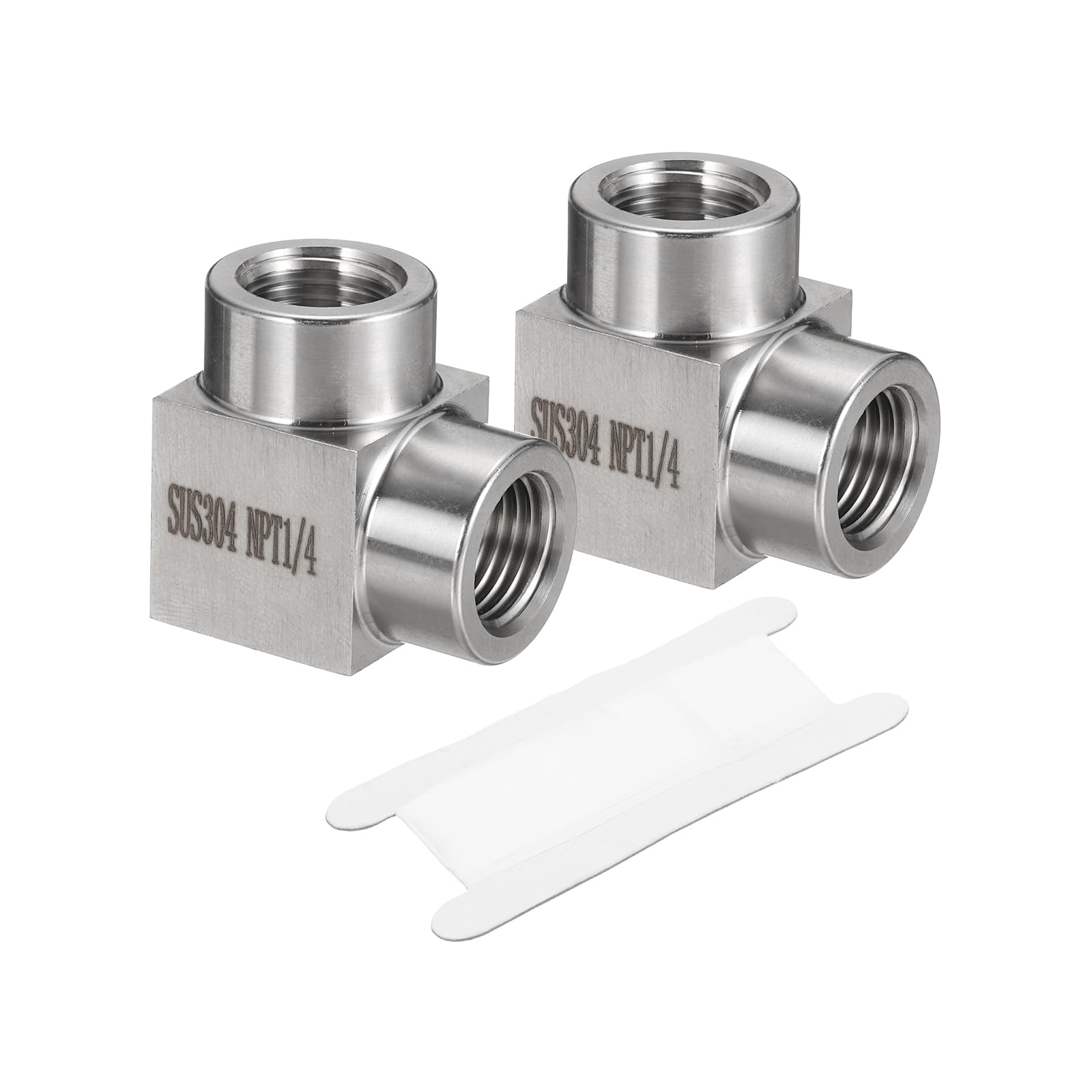 sourcing map 2 Pcs Square 90 Degree Barstock Street Elbow 1/4 Inch NPT Female to 1/4 Inch NPT Female 304 Stainless Steel Pipe Fitting with PTFE Tape, Silver Tone