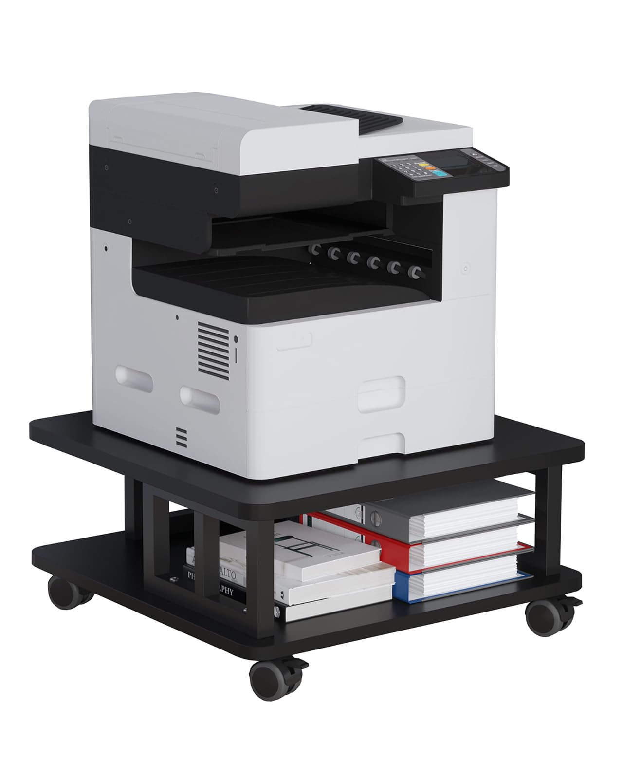Mobile Printer Stand, 2-Tier Large Printer Shelf for Laser 3D Printer Office Machine with Storage, 23.6"x23.6" Wood Printer Cart Under Desk Rack with Wheels for Office Home Kitchen (Black)