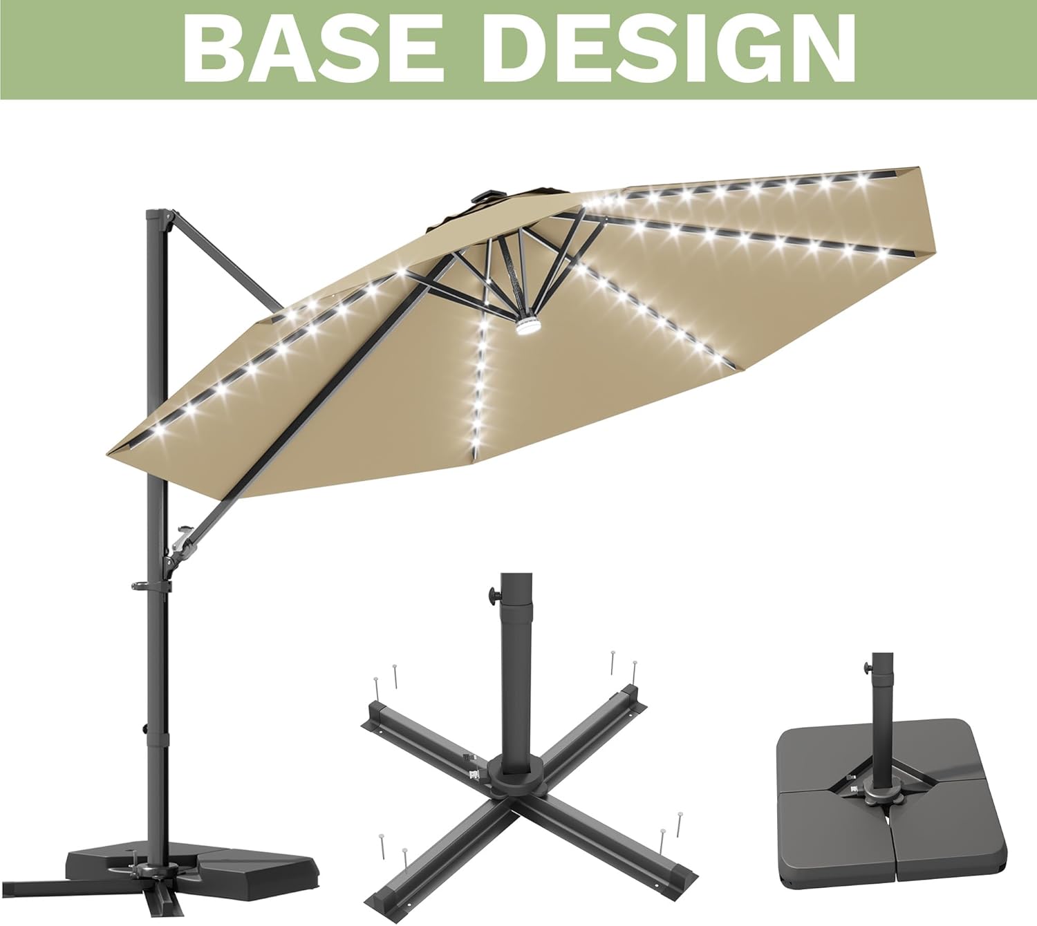 Patiowell 10 FT Patio Umbrella with Solar LED Light, Outdoor Cantilever Umbrella with 360 Degree Rotation, Outside Large Round Sun Umbrella with Frame for Backyard Garden Poolside, Beige