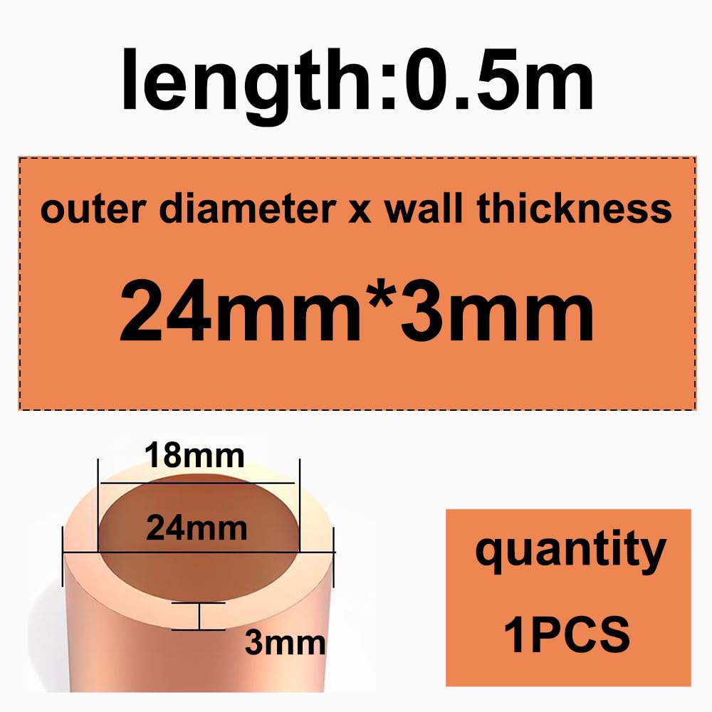 Rura okrągła miedziana, Rury miedziane ciągnione na twardo Instalacje gazowe HVAC Chłodnictwo DIY Przemysłowe 24 mm x (0,5-3 mm) 0,5 m(24mm*3mm*0.5m)