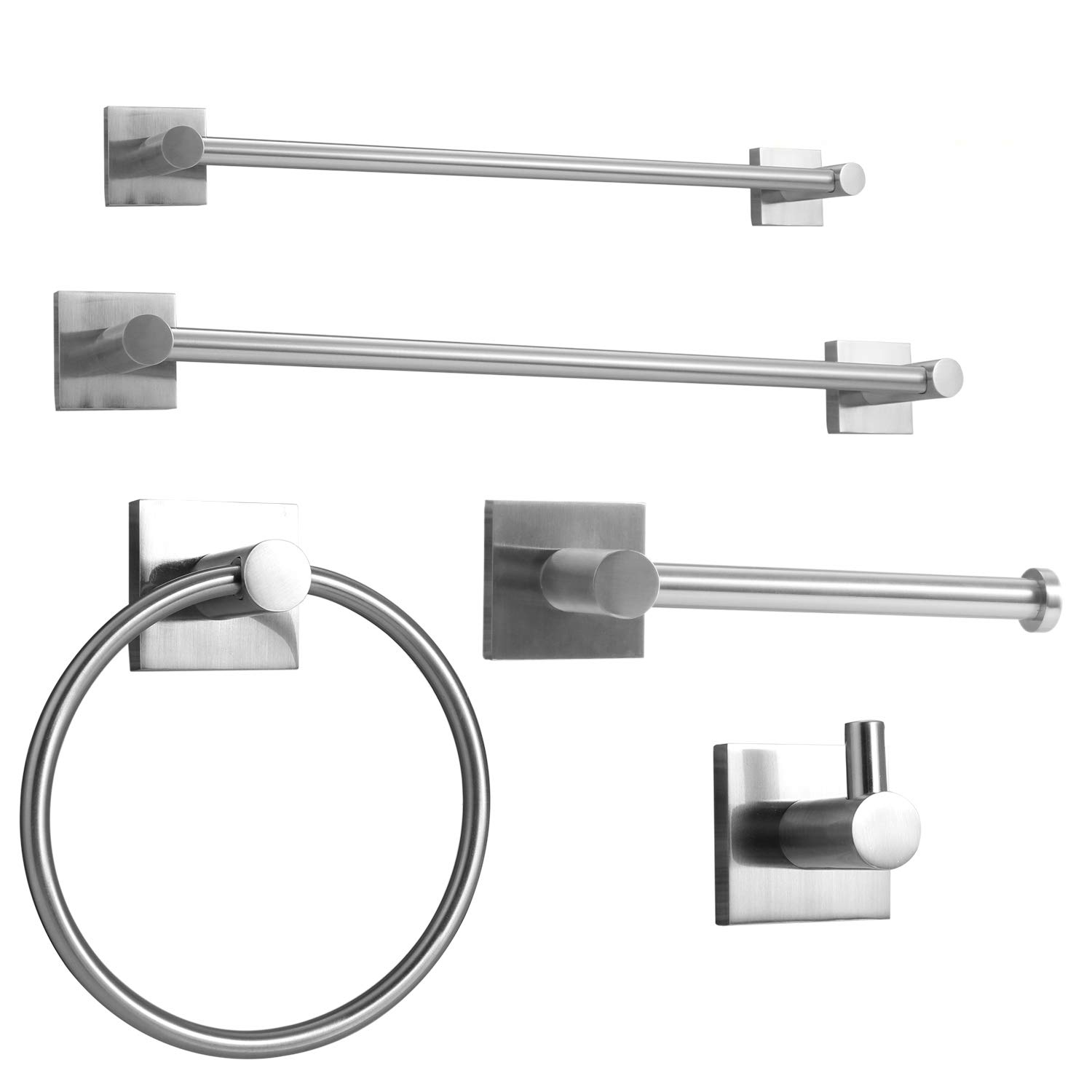 XINWEI Brushed Nickel Bathroom Hardware Set of 5, Zinc Alloy Square Wall Mounted Bathroom Accessories Kit- Includes 18"" Towel Bar, 24"" Towel Bar, Towel Ring, Toilet Paper Holder, Robe Towel Hooks
