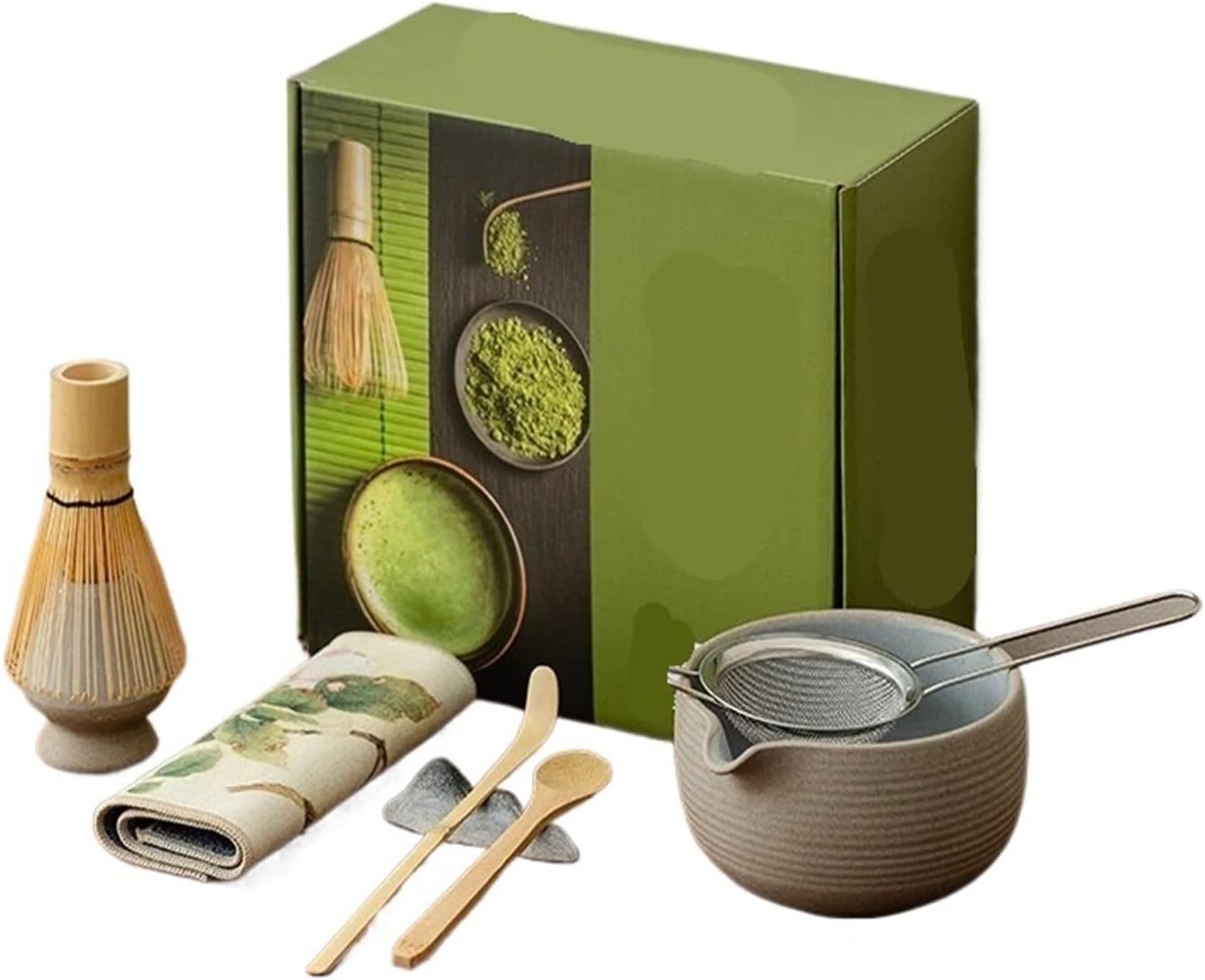 8pcs/set Matcha Set With Whisk Coarse Pottery Soil Matchaset Ceramic Bowl(Ancient pottery 8pc)