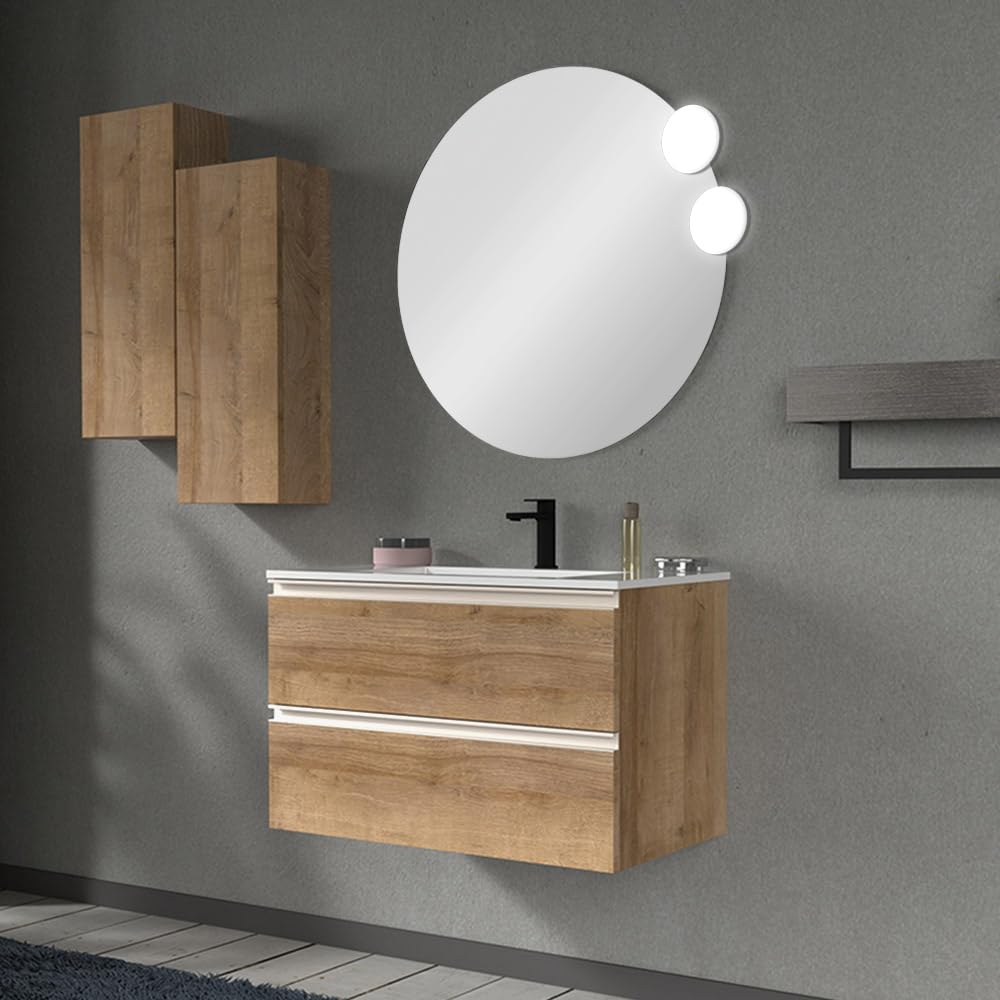 Inbagno Mobile bagno moderno sospeso 80 cm, serie Master 2 cassetti, completo di lavabo e specchio Garanzia 5 anni (Rovere Miele)