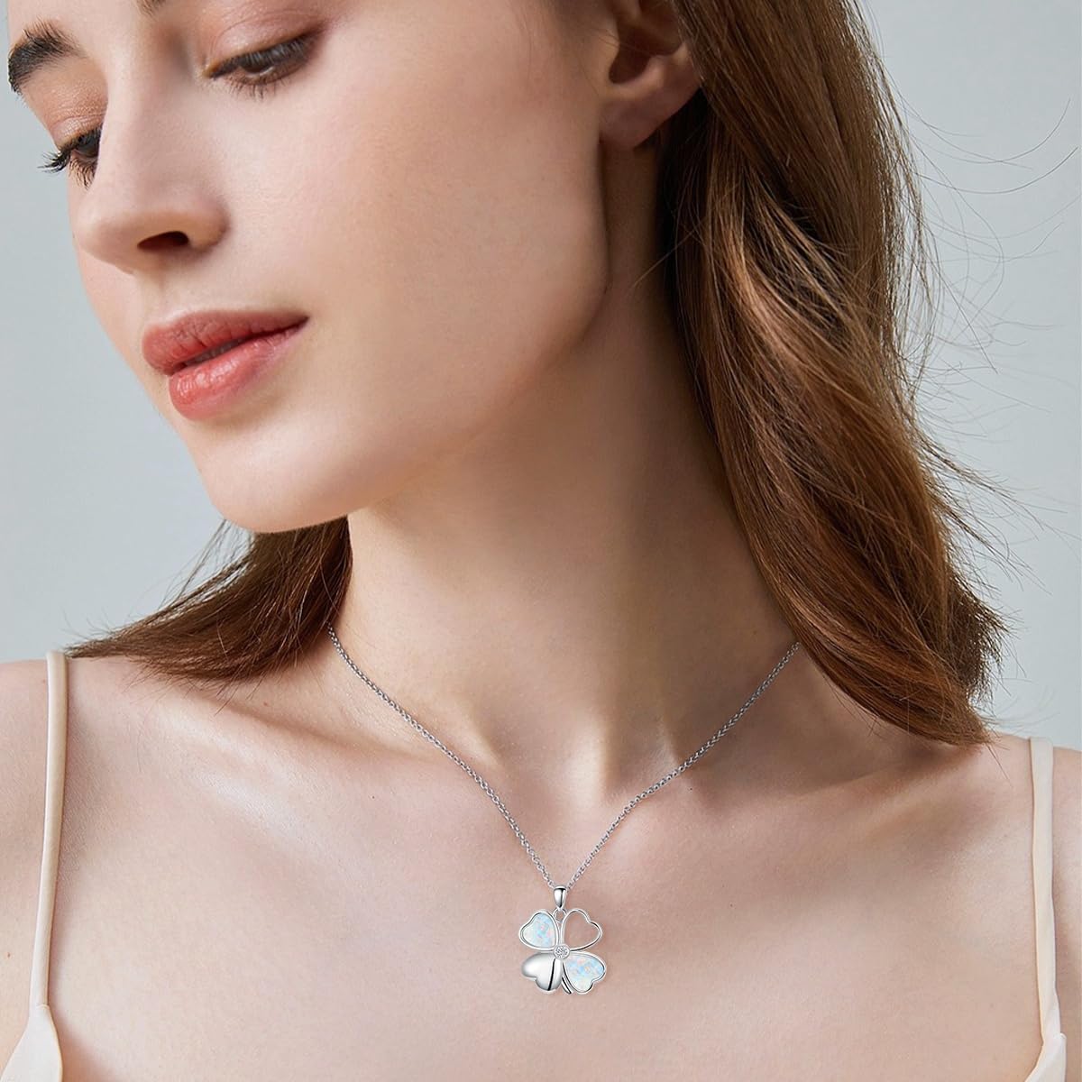 S925 Sterling Silver Opal with Genuine Diamond Four Leaf Clover Pendant Necklace Opal Heart Petals for Women - Image 4