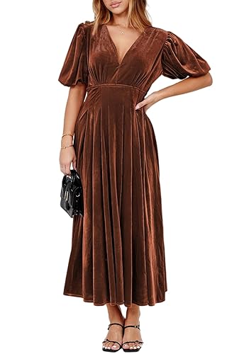 Maxigerui Women's Velvet Maxi Dress Formal Dresses for Wedding Guest Dress - P#velvet-brown - Small