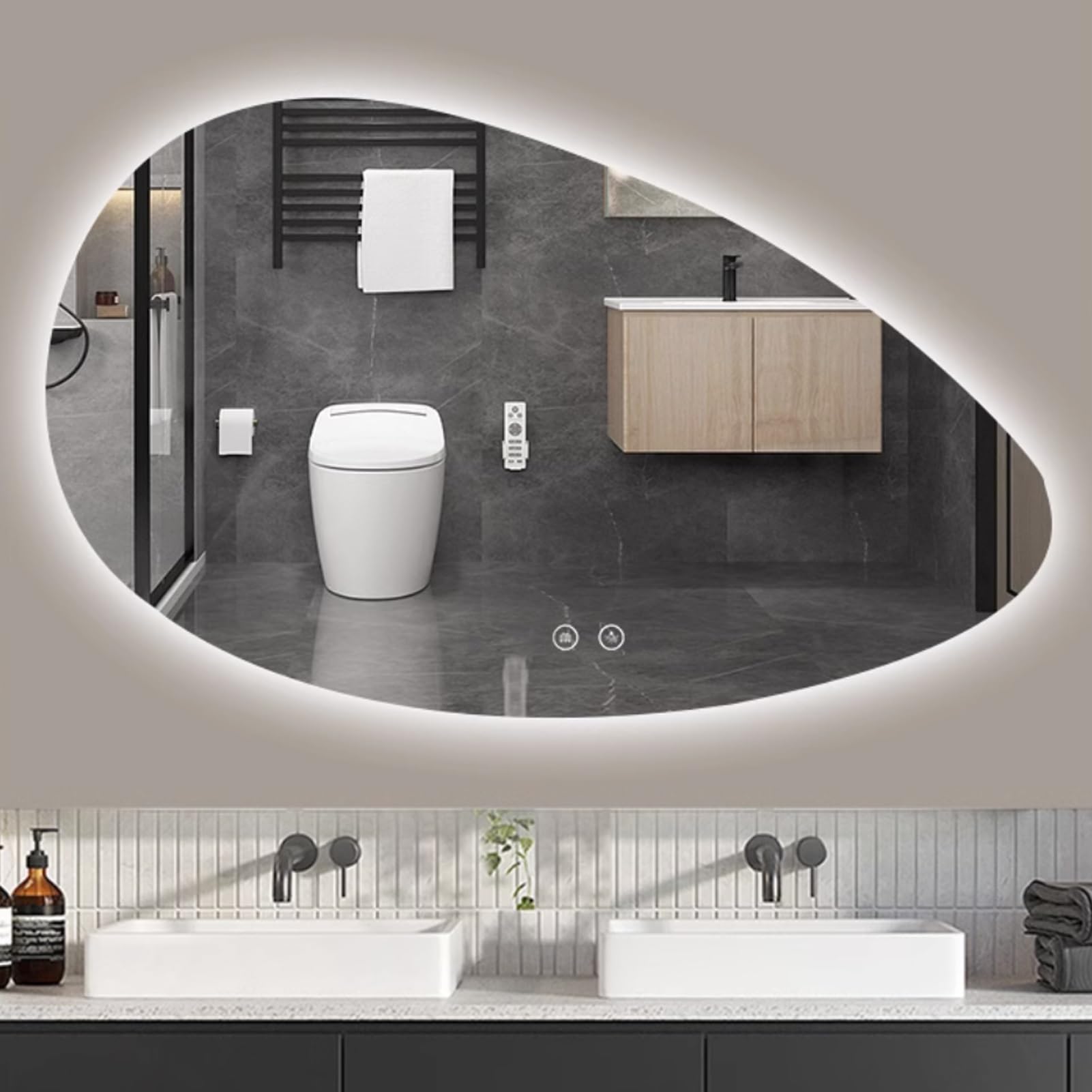 Miroir en forme de larme YVYKFZD asymétrique et sans cadre à éclairage LED