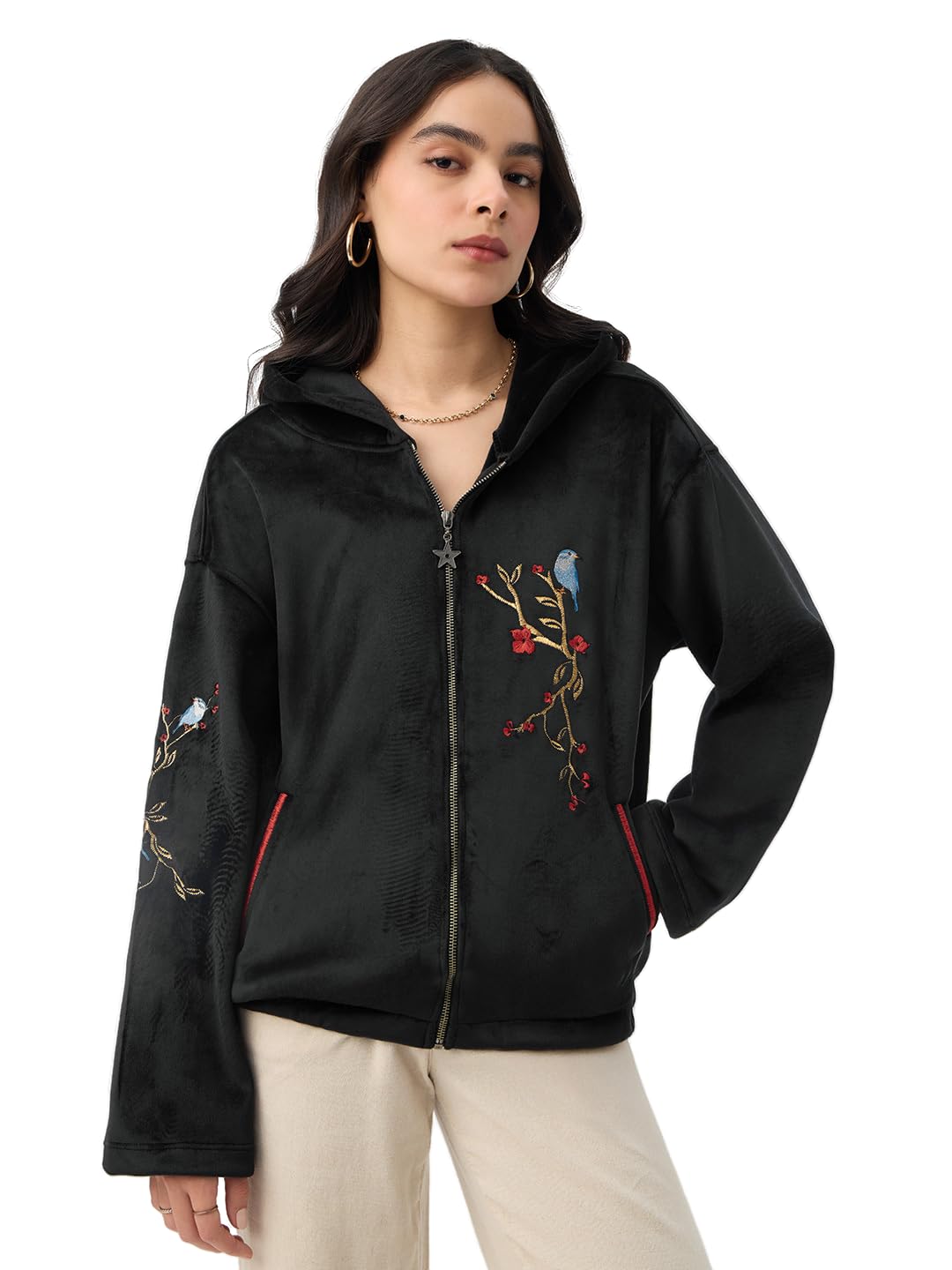 The Souled Store Velvet Vines Women and Girls Full Sleeves Hooded Neck Black Embroidered Polyester Velvet Fabric Lightweight Everyday Zipper Oversized Hoodie in black