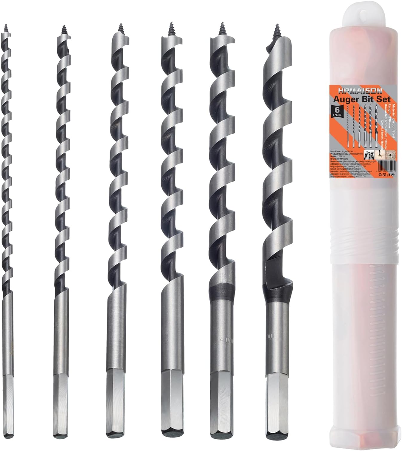 HPMAISON Auger Bit, 6 PCS Auger Bit Set Hex Drill Bits 230mm, Set of Drill Bits in Spiral Stainless Steel with 6mm 8mm 10mm 12mm 14mm 16mm Drill Bit