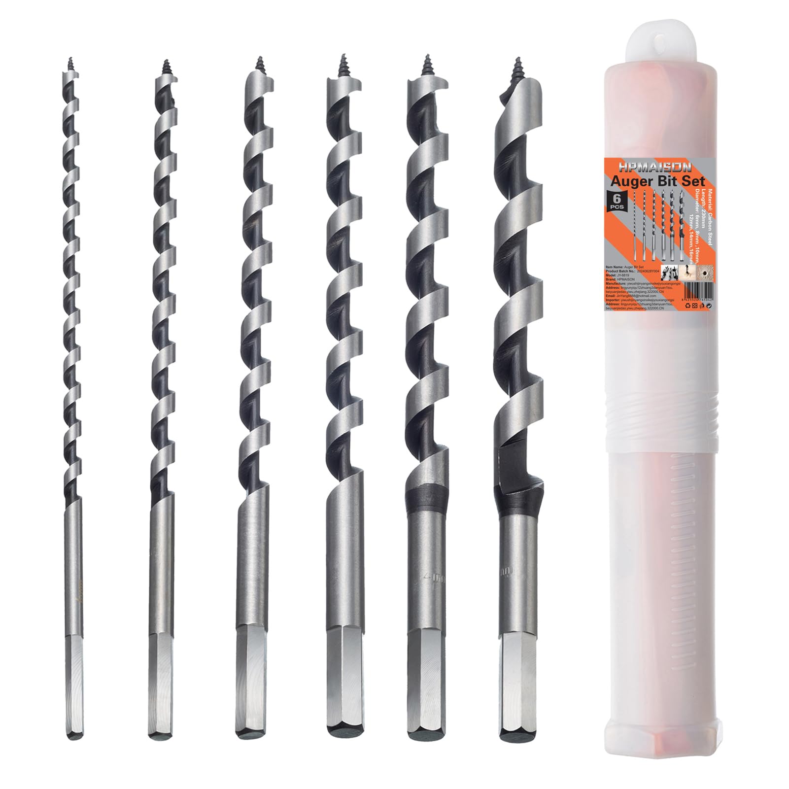 HPMAISON Auger Bit, 6 PCS Auger Bit Set Hex Drill Bits 230mm, Set of Drill Bits in Spiral Stainless Steel with 6mm 8mm 10mm 12mm 14mm 16mm Drill Bit