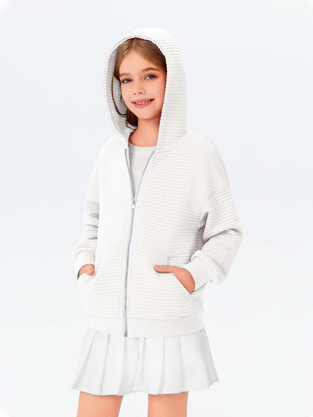 Haloumoning Felpa oversize con cappuccio e zip per bambine 5-14 anni | Tessuto testurizzato, giacca a maniche lunghe con cappuccio, vestibilità ampia, casual, con tasche