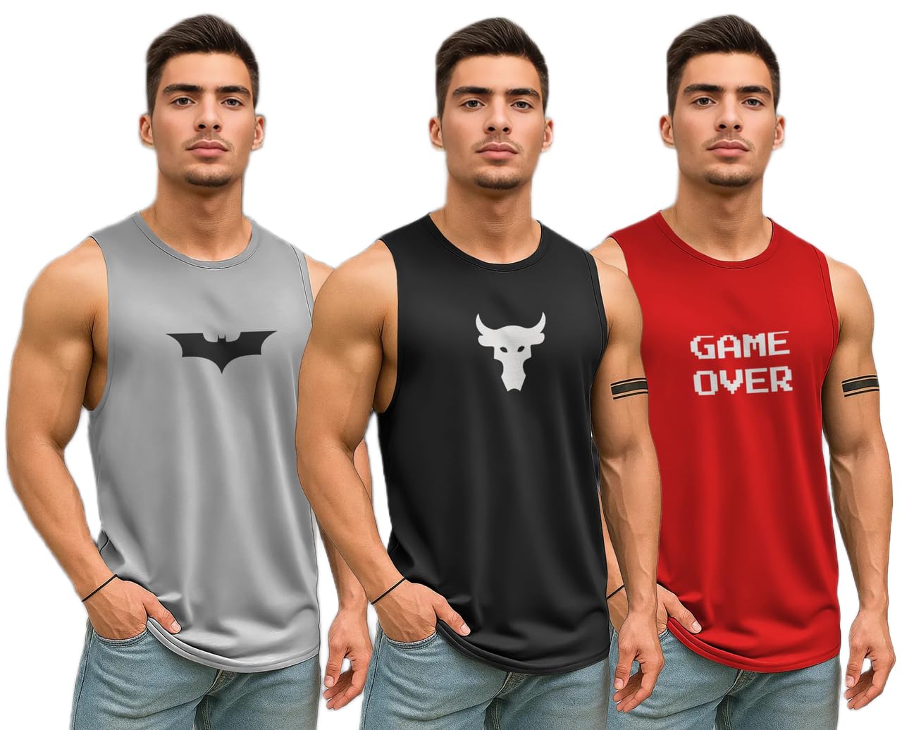 cross spirit Men Printed Sleeveless T-Shirt (Grey Batman+Black Bull+RED GMEOVR_L)(Pack of 3)_PT-picture-10