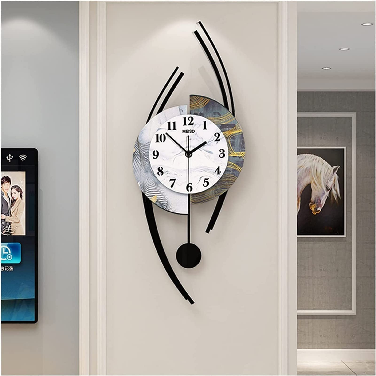 Sjdopulse Light Wall Clock Art Large Wall Clock Metal Office Decor Wall Clocks, Pendulum Clock Silent Decor Modern Clocks Battery Operated For Living Room Bedroom Kitchen Wall Decor Clock Orn,35 * 86.5Cm