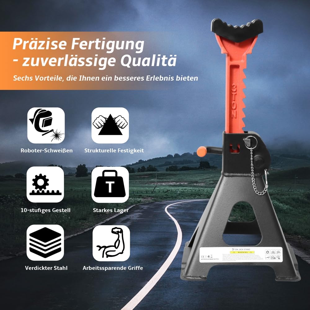 Melko 3000KG Cavalletti di sostegno INCLUSO perno di sicurezza e 2 supporti in gomma Cric auto 3 T portata in ghisa Cavalletti di sostegno auto regolabili in altezza a 9 livelli 28 – 42,5 cm - 2 pezzi