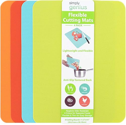 Simply Genius Tablas de cortar de plástico para cocina, juego de tablas de cortar codificadas por colores, alfombrillas de corte flexibles para