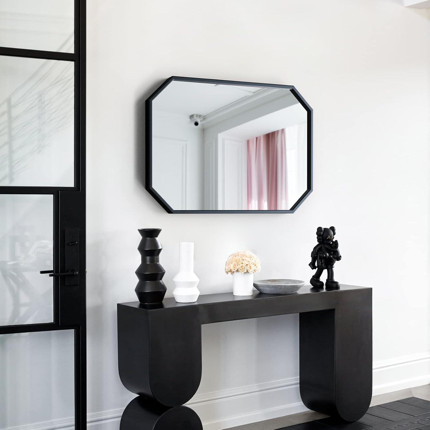20"x28" Octagon Metal Mirror, Farmhouse Black Bathroom Mirror, Rectangle Wall Mounted Vanity Mirror Hanging for Bedroom Entryway Living Room Farmhouse Horizontal/Vertical