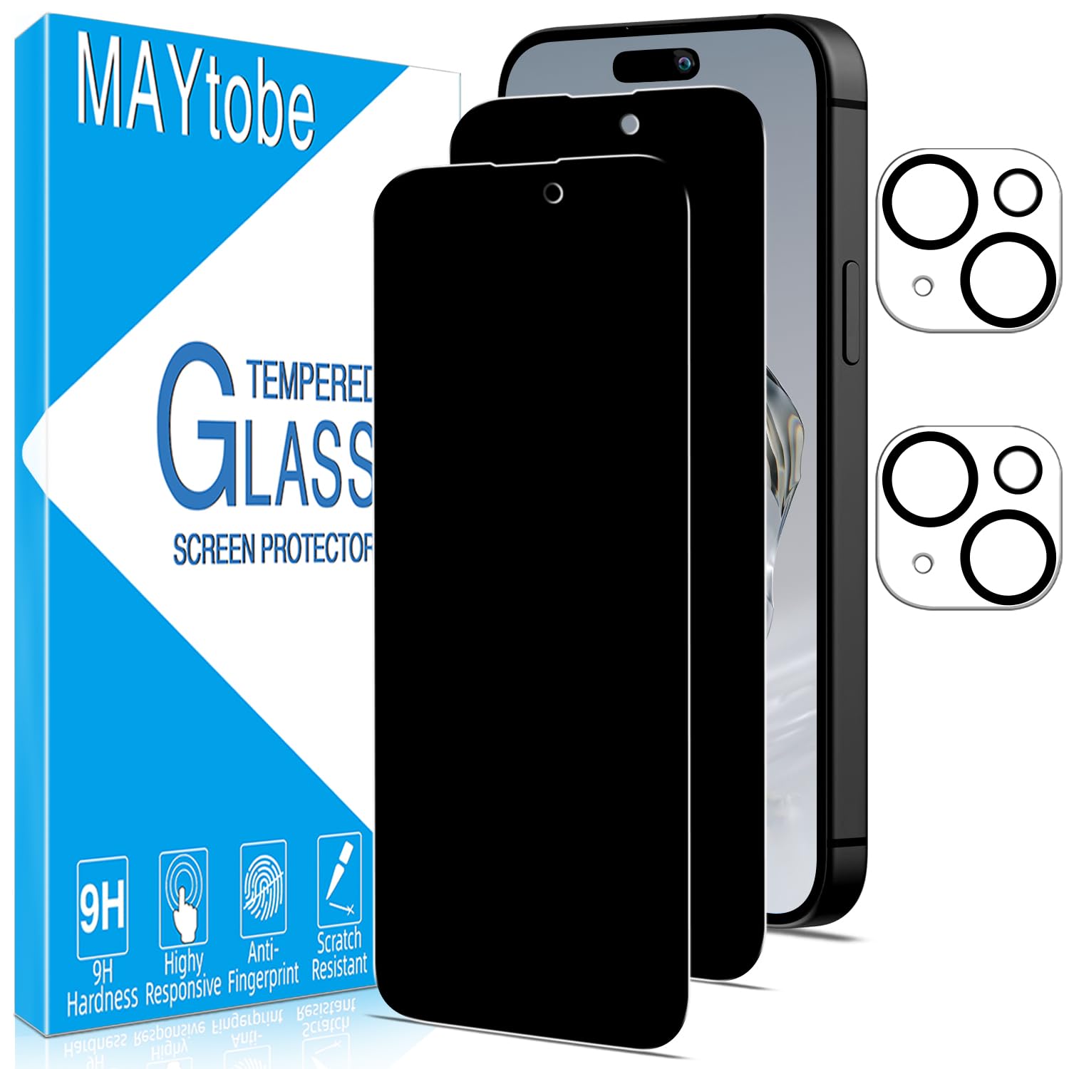 MAYtobe Protector Pantalla Privacidad para iPhone 15 Plus+Protector Camara | 2+2 Unidades Cristal Vidrio Templado y Lente Cámara, Anti Espía, Antiarañazos, Sin Burbujas, Dureza 9H