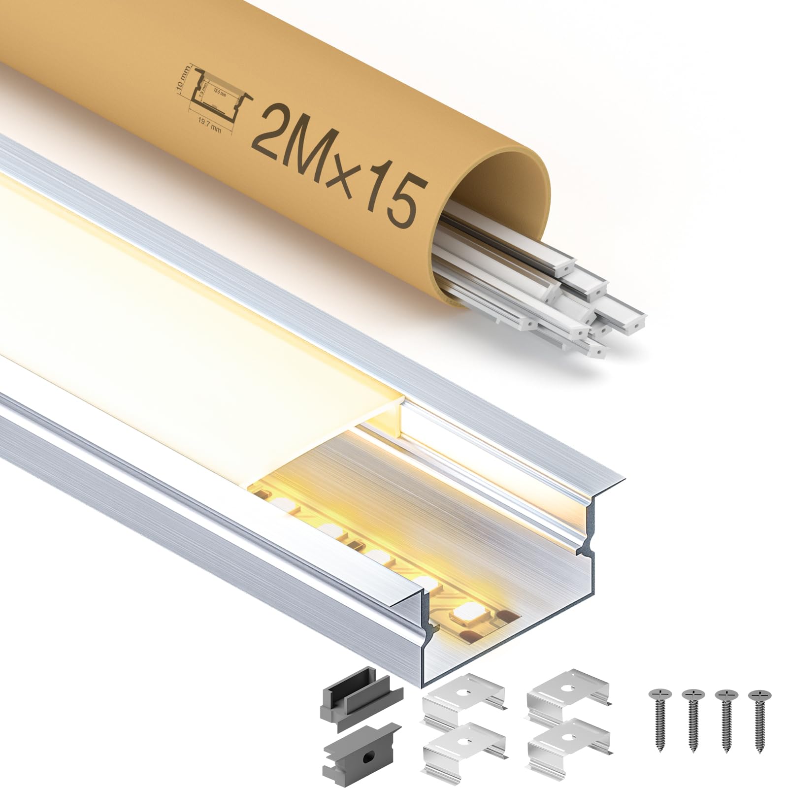 Profilo in Alluminio LED per Cartongesso 15x2m (30m Totali), Guida a U per Strisce fino 15mm, 26.7x10mm con Diffusore PC, Per Installazione a Soffitto e Incasso