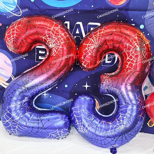 Image of 40 In Red And Blue Spider Theme Large Number 2 Balloon | Giant Large Helium Foil Balloon for Boy or Girl 2 th Birthday Wedding Anniversary Baby Shower Party Decorations