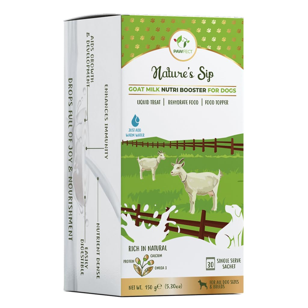 Pawfect Nature's Sip 100% Natural Goat Milk Powder for Dogs & Puppies| Easily Digestible| Source of Vitamins, Minerals, Probiotics| Healthy Topper| Hydration Support| 24 scoops| (150g/5.29oz)