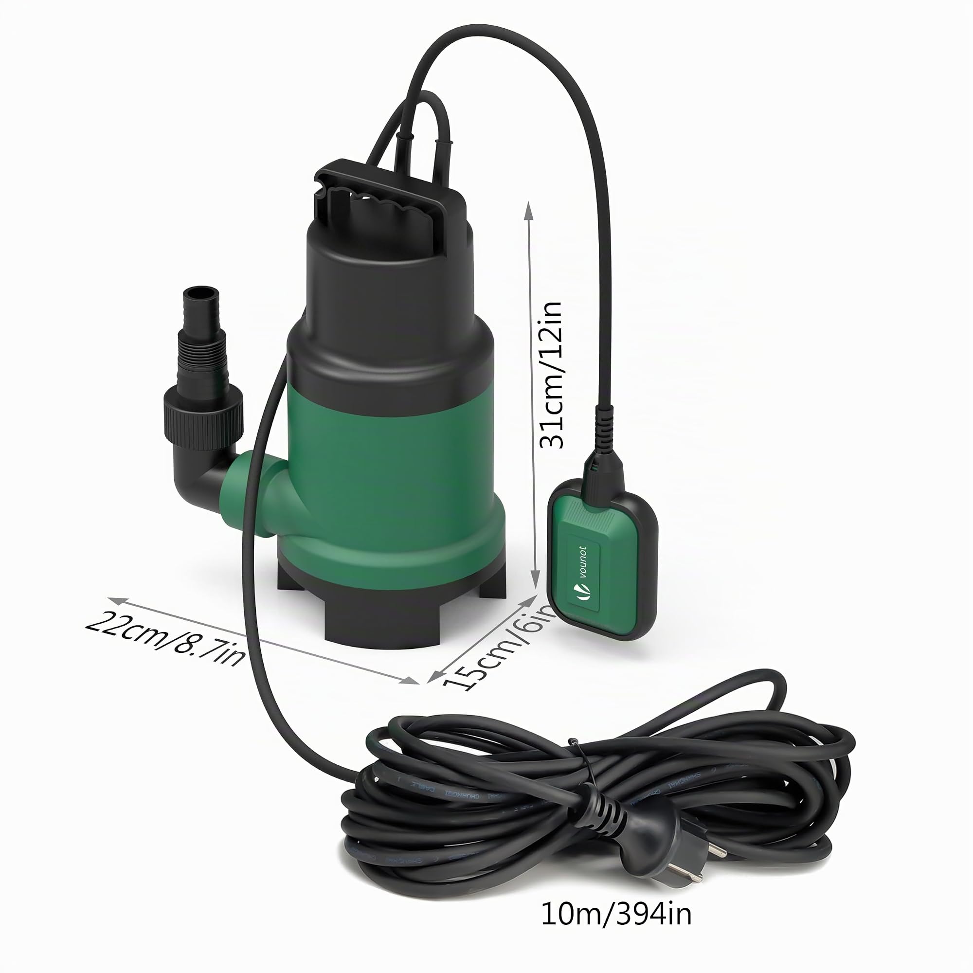 VOUNOT Tauchpumpe mit Schwimmerschalter, 750 W Schmutzwasserpumpe Abwassertauchpumpe, Eintauchtiefe bis 7m, Max. 7.5m Förderhöhe, Fremdkörper bis 25mm, Max. 14000 l/h