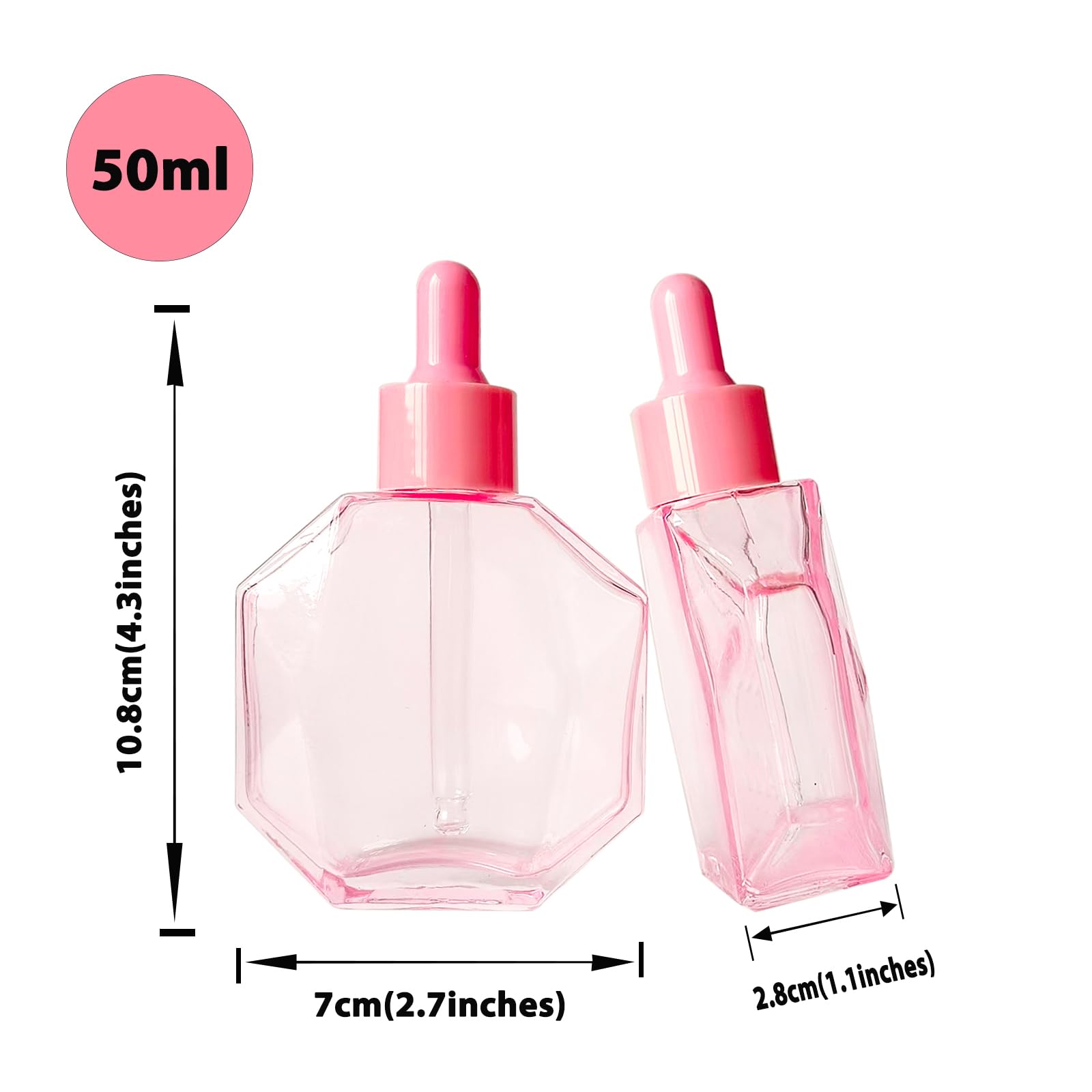 Botellas de vidrio rosa con cuentagotas de 50 ml, 6 botellas de vidrio de diamante con cuentagotas, para aceites esenciales, sueros de perfume, sueros y otros líquidos (-rosa, 50 ml)