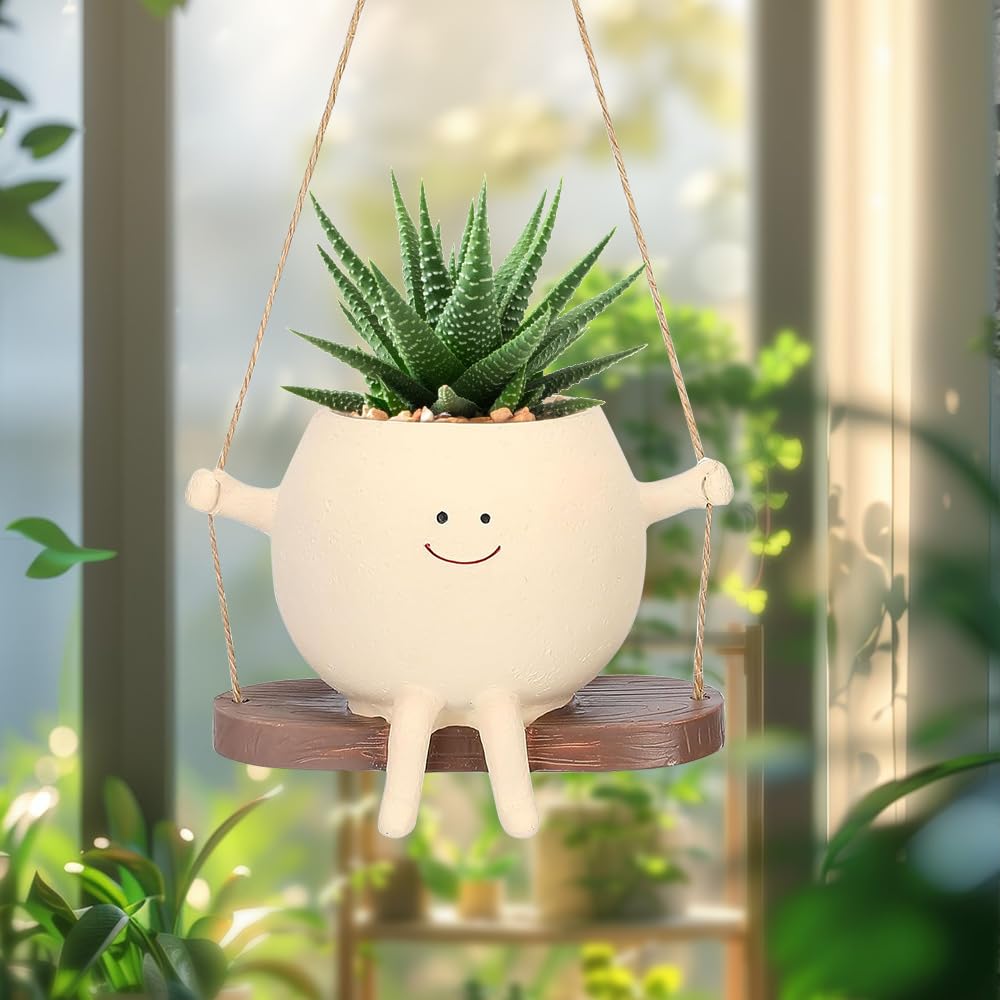 YANGUN Swing Face Planter Pot, Cute Plant Pot, Small Succulent Face Flower Pot for Indoor Outdoor Plants, Novelty Hanging Planter for Home Office Balcony Garden - Image 3