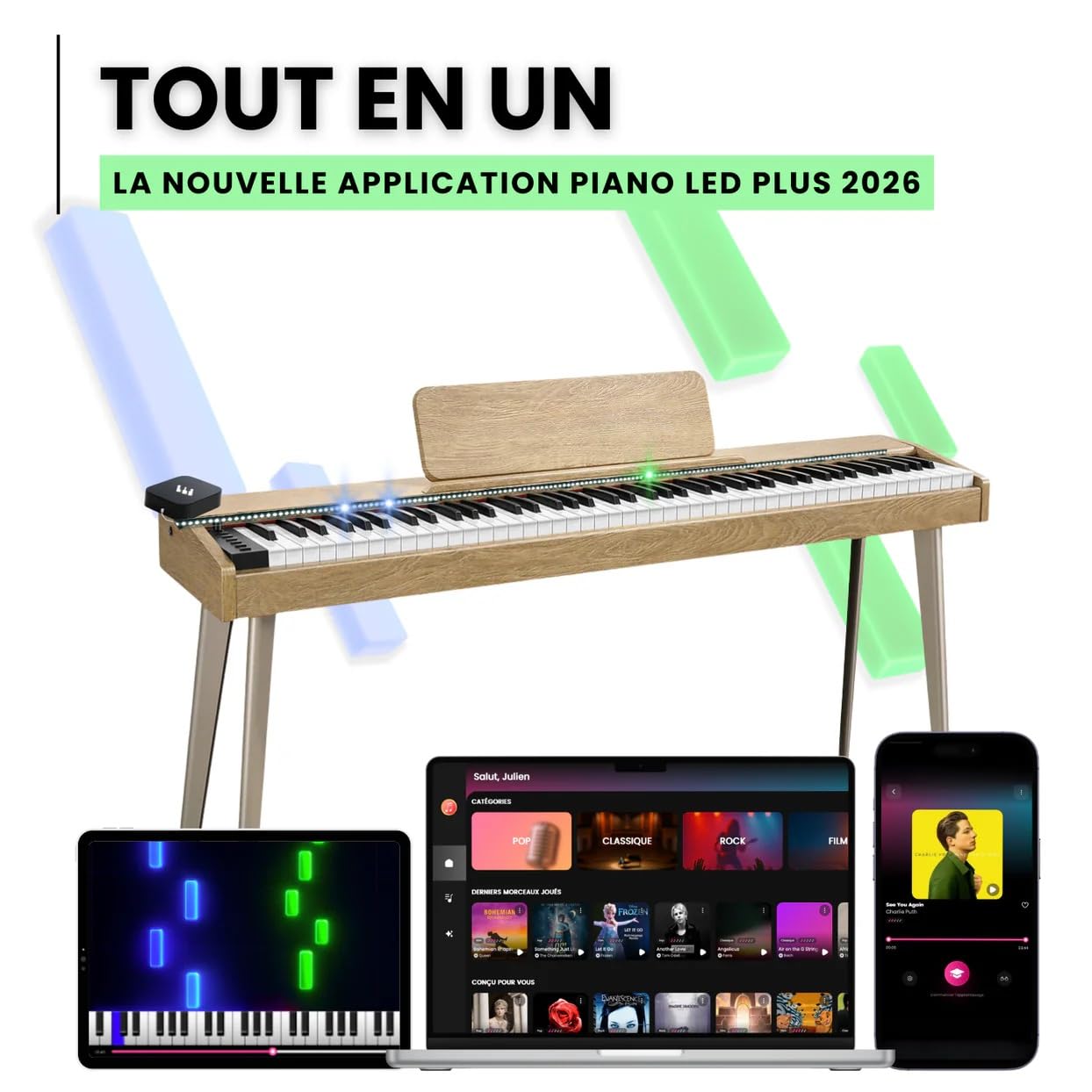 Plus Bande LED pour Apprendre le Piano sans Solfège (piano non inclus) - Application WiFi iOS Android avec 50 Morceaux Inclus - Compatible Claviers Numériques 61/76/88 Touches - Blanc