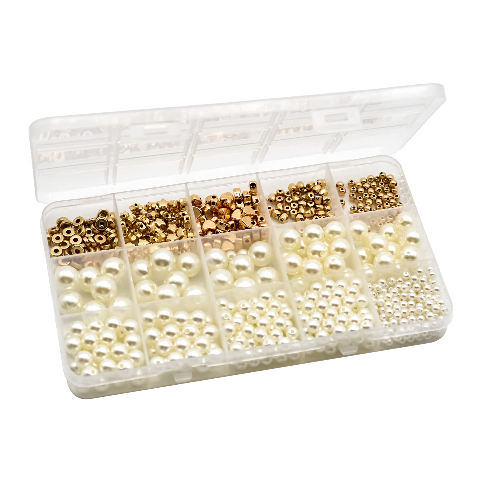 Skyzone Bead Making Kit - 720 PCS White Pearl & Gold Ball Heart Star Flat Spacer Beads for DIY Jewelry Crafts (10 Different Designs)