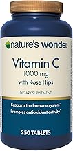 Vitamin C 1000 mg with Rose Hips Tablets for Immune Health, 250 Servings, 250 count