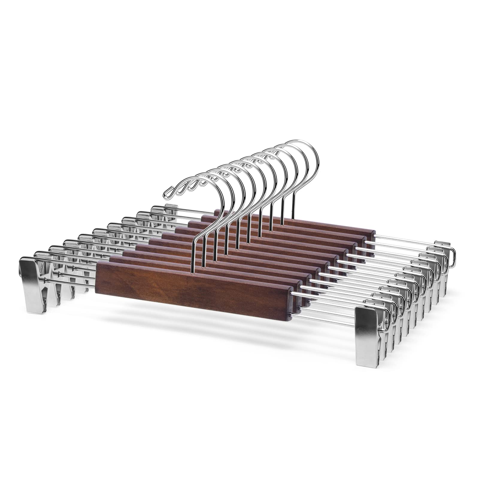 Nature Smile Solid Wooden Skirt Pants Hangers 10 Pack,Premium Wood Bottom Shorts Hangers for Slacks Trousers with Larger Adjustable Anti-Rust Clips (Retro)