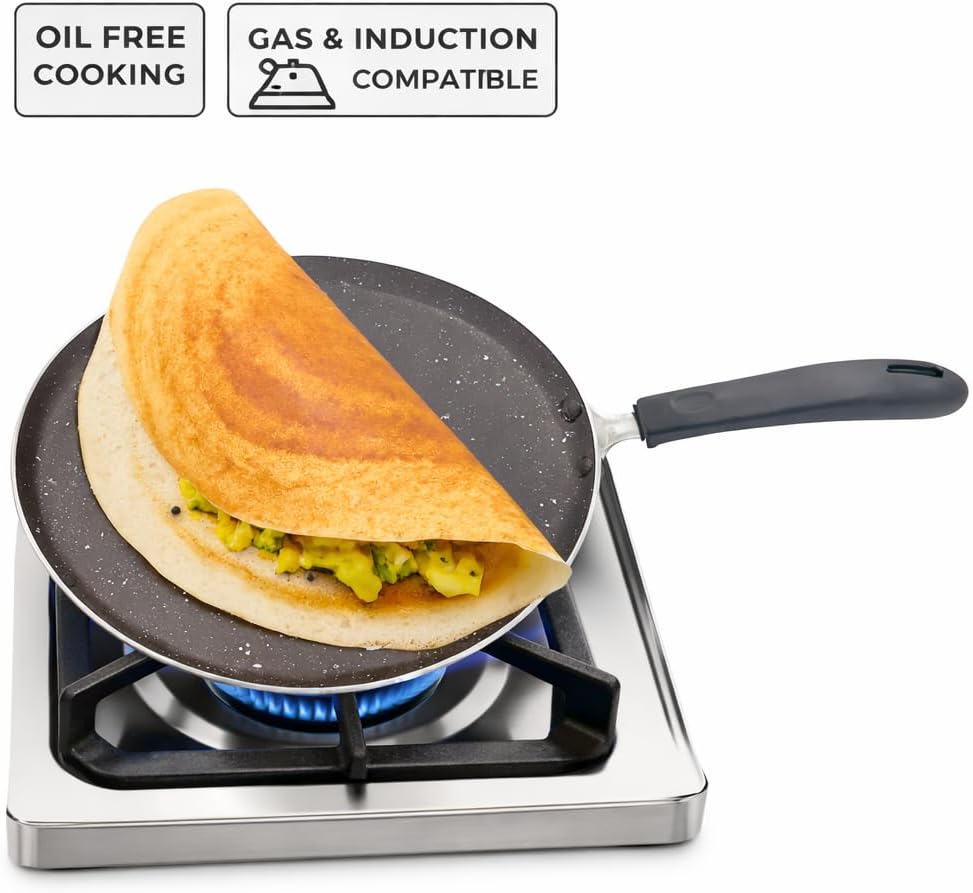 DBY Dosa Pan Nonstick Dosa Tawa Heavy Gauge Crepe Pancake Aluminum Pan Griddle Induction Compatible Flat Tava Griddle Cookware Indian Roti Chapati Paratha Tawa (275mm)