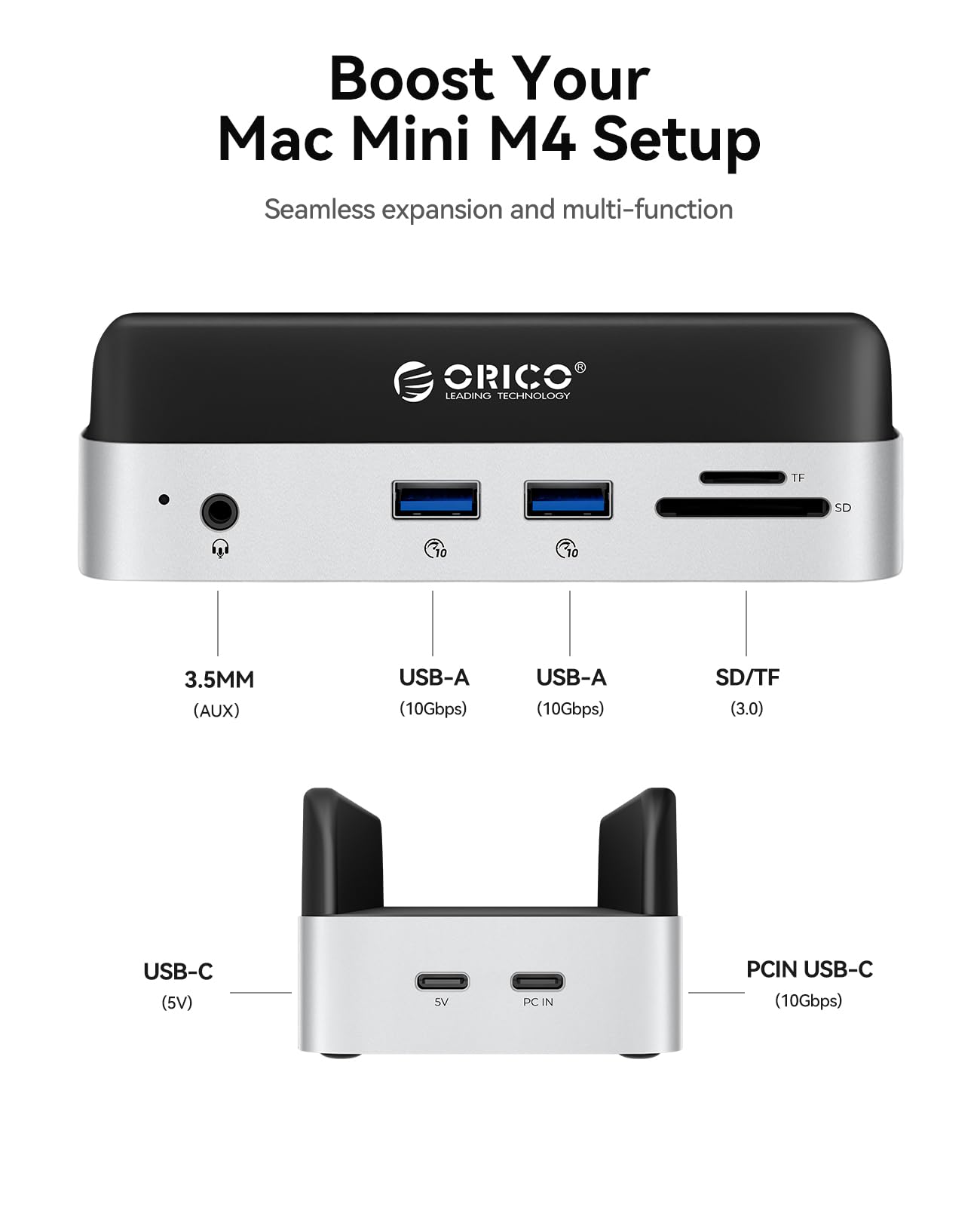 ORICO MiniDock Mac Mini M4 Dock & Support mit Boîtier SSD NVMe, USB C Hub mit 2 USB-A 10Gbps, SD/TF 3.0, Accessoire Parfait pour Mac Mini M4/M4 Pro - VSE
