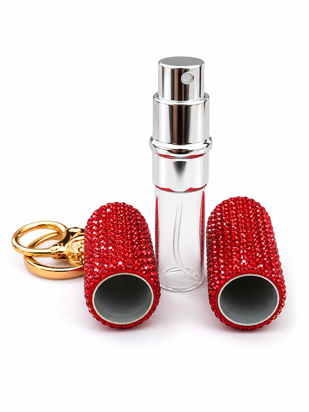 M.F.H Bling Bling Empty Portable spray bottle, cosmetic Perfume spray bottle spray essential oil bottle glass perfume bottle 10ML with keychain hook (RED)-image-1