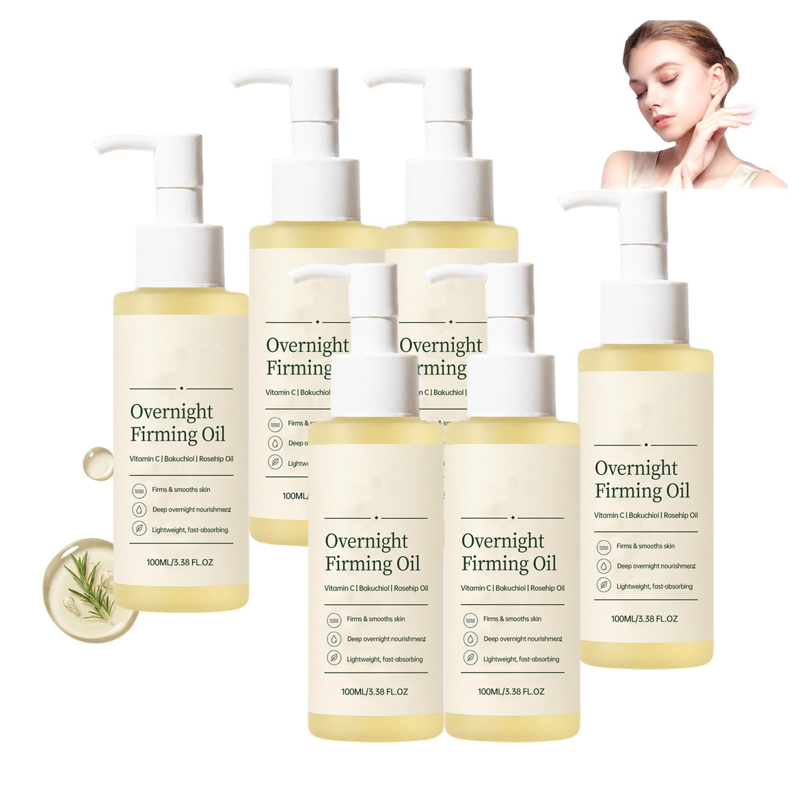 Olio di notte rassodante per pelli mature, olio per il viso con vitamina C, bakuchiolo e olio di rosa canina per idratare, idratare e restringere i pori, migliora l'elasticità (6 pezzi)