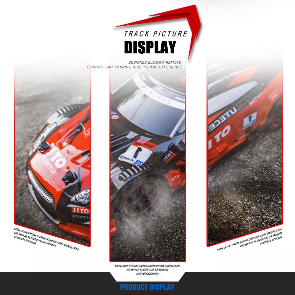 Zdalnie sterowany samochód 40 km/h RC Auto Drift 1/14 4WD 2,4 GHz 30 minut zabawy RTR Prędkość ciągła, oświetlenie LED, wymienne opony wyścigowe, prezenty dla dzieci, czerwone, 2 baterie