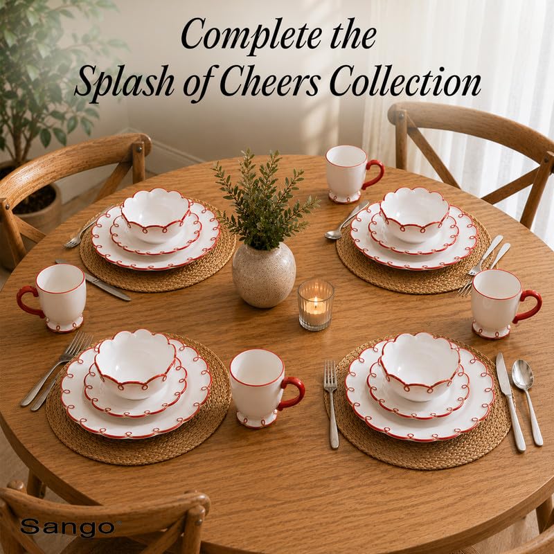 Image of SANGO Splash of Cheers Large Mugs Set of 4, 16 oz Stoneware Red and White Coffee Mugs, Ceramic Drinkware for Coffee or Tea, Durable Everyday Cups, Dishwasher & Microwave Safe, Scalloped Mug Set