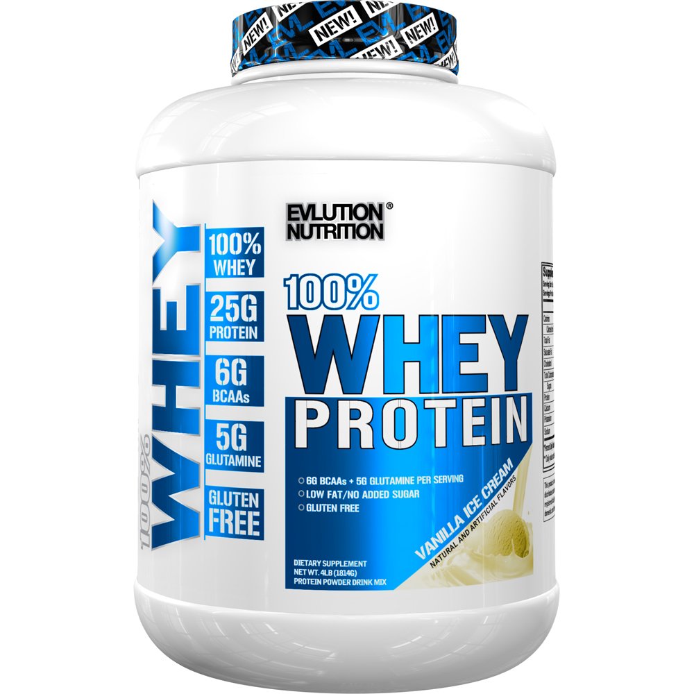 Evlution Nutrition 100% Whey Protein, 25g of Whey Protein, 6g of BCAAs, 5g of Glutamine, Gluten Free (4 LB, Vanilla Ice Cream)