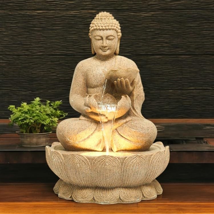Swadeshi Decors Resin, Fibreglass 3 Feet New Zen Big Buddha Water Fountain|Double Bowl    Buddha Fountain with LED Lighting|Outdoor/Garden/Home & Office Decor|Modern Water Fountain (Beige 01) - Image 5 thumbnail