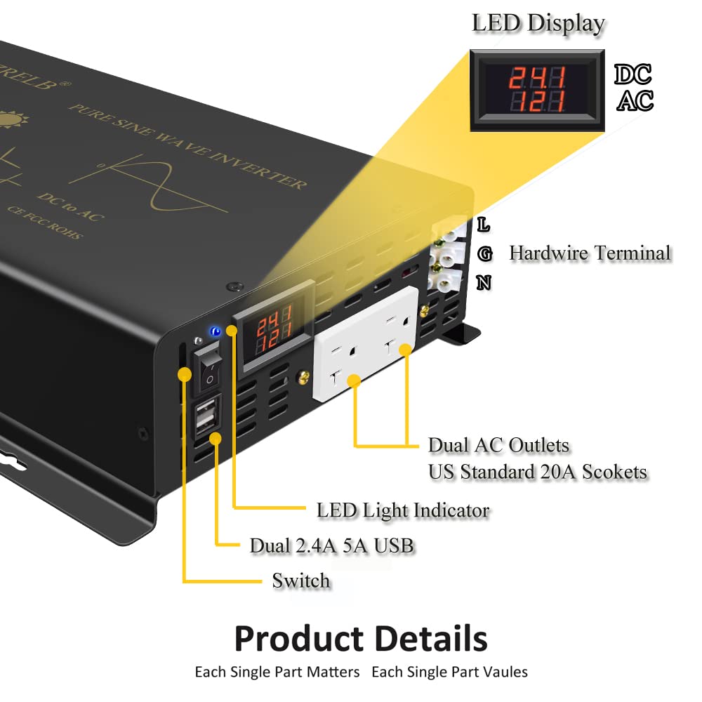 WZRELB Inversor de corriente de onda sinusoidal pura de 2500 W, 24 V CC a 120 V CA, 60 Hz, salidas de CA duales, 2 puertos USB de 2.4 A y terminal de cable duro, convertidor solar fuera de la red para
