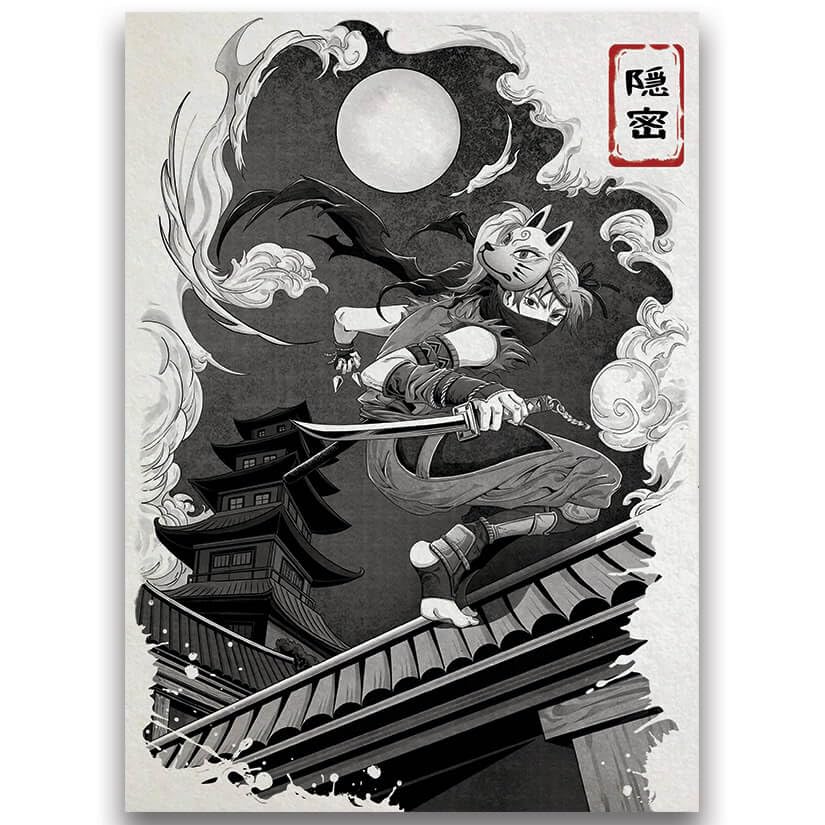 Fantasy North - Kunoichi's Mission - Japanese Inked Yokai Series - Ninja - 100 Textured Matte TCG Card Sleeves - Fits Magic MTG Commander Pokemon and Other Card Games - Playing Card Sleeves