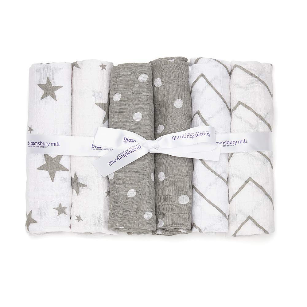Bloomsbury Mill - Muslin Cloths for Baby - Soft 100% Organic Cotton Muslin Squares - Baby Muslins Pack of 6 - Large Burp Cloths - Essentials For Newborn - Grey & White - 70x70cm