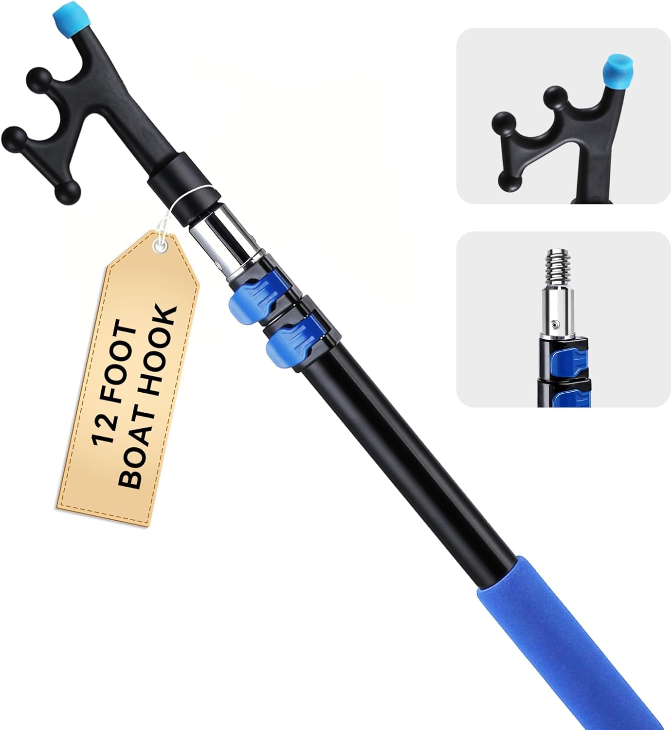 Telescoping Boat Hook for Docking, Non-Slip Rubber Tip, 3-Stage Anodized Aluminum Pole, Floating, Lightweight & Durable, Scratch-Resistant & Rustproof, 3/4" Threaded End for Push Pull Boating