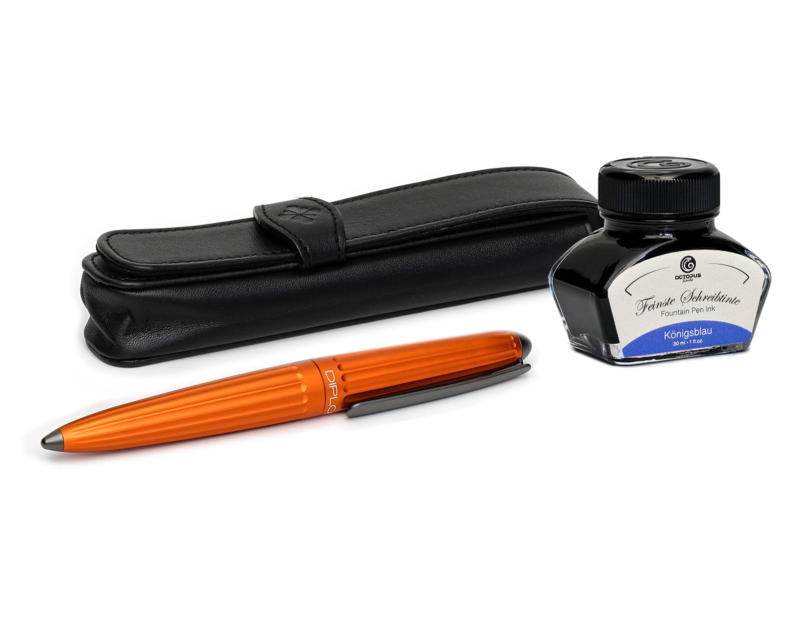 Octopus Diplomat Aero Füllhalter-Set Orange, Tinte und Lederetui | Mit Edelstahlfeder M, 30 ml Octopus Tinte Königsblau, Tintenkonverter und Stifteetui aus Leder