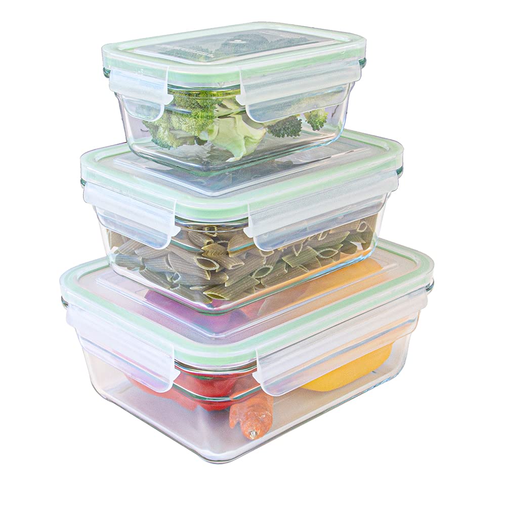Glasslock (GL-529, 1x 480ml, 1x 970ml, 1x 1730ml) Rechteckige Frischhaltedose aus Glas - ofengeeignet